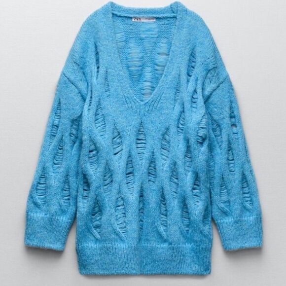 NWOT Zara Loose Knit Long Ripped Sweater-Size S - Picture 6 of 9